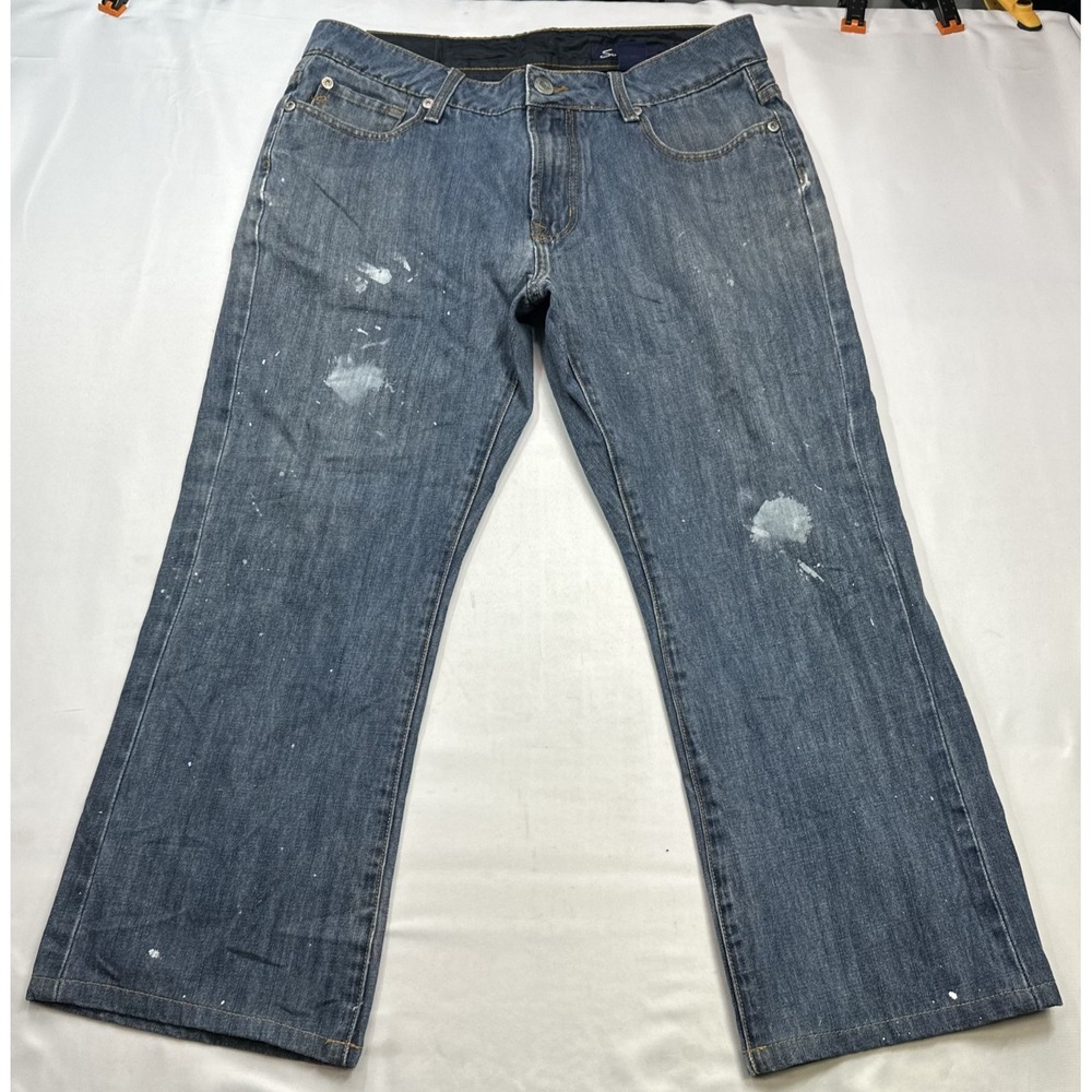 Seven7 Premium Mens Jeans Blue Distressed Paint Splatter Relaxed Fit Denim Sz 33